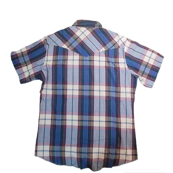 Rustler Western Pearl Snap Shirt M Blue Plaid VTG X-Long Tails • EUC - Picture 2 of 6